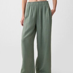 Mid Rise Crinkle Gauze Wide-Leg Pants